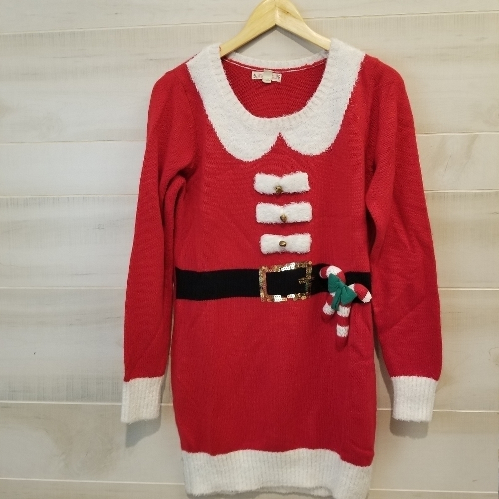 {L} Chirstmas Sweater Mrs Claus Santa Claus Belt Buckle Candy Cane Ugly Sweater